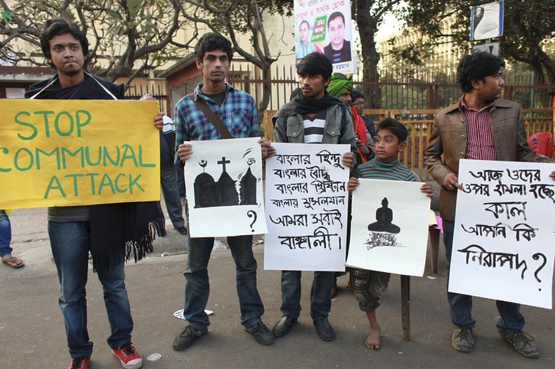 People from various cultural, social platforms took out anti-communalism demonstration in Dhaka in protest against attacks on religious minorities after the 10th National Poll. Image by Rahat Khan. Copyright Demotix (8/1/2014)