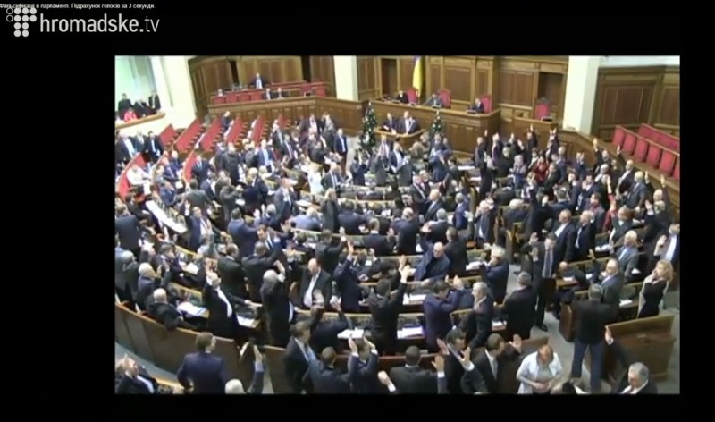 A screenshot of the live broadcast from the Ukrainian Parliament. Pro-Presidential majority adopts the laws by raising hands. January 16, 2014.