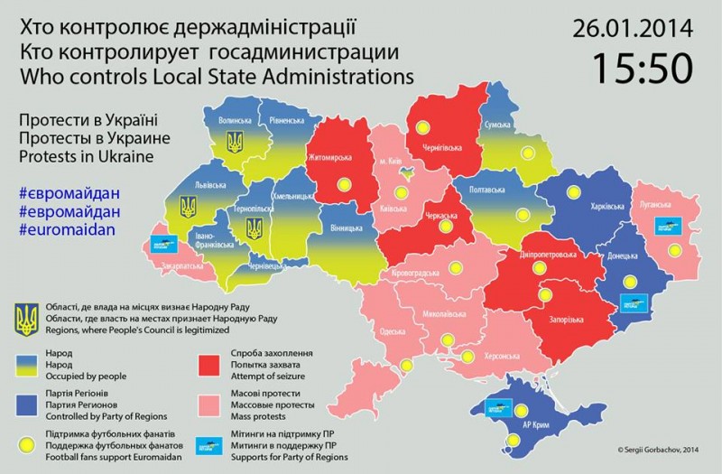 A map of political situation in Ukraine's regions as of 3:50 pm, January 26, 2013. Created by Sergii Gorbachov