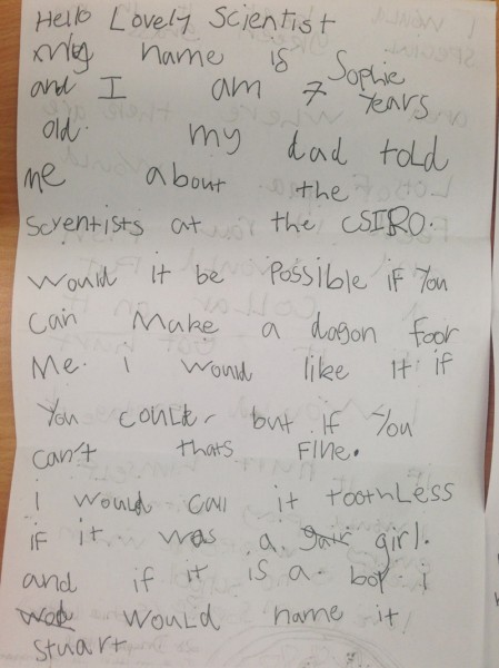 ソフィーからの礼儀正しい手紙（画像は CSIRO News 公式ブログより）