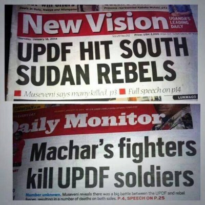 Two competing headlines sharing the news of Ugandan troops' involvement in the fighting in South Sudan. Shared on Facebook by Ugandan media personality MC Kats.