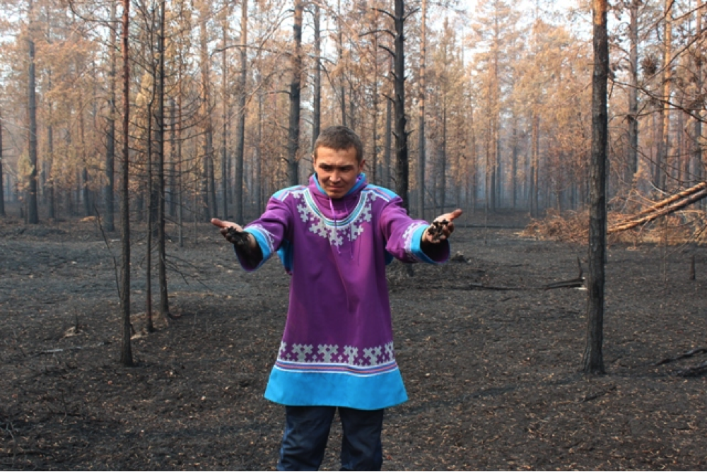 Aleksandr Aypin holds the reindeer moss that burned in wildfires. Photo credit: Aleksandr Aypin for 350.org