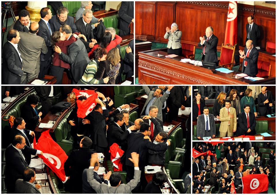 Euphoric moment at the Tunisian Constituent Assembly after the Approval of the Constitution. Photo Credit: Albawsala