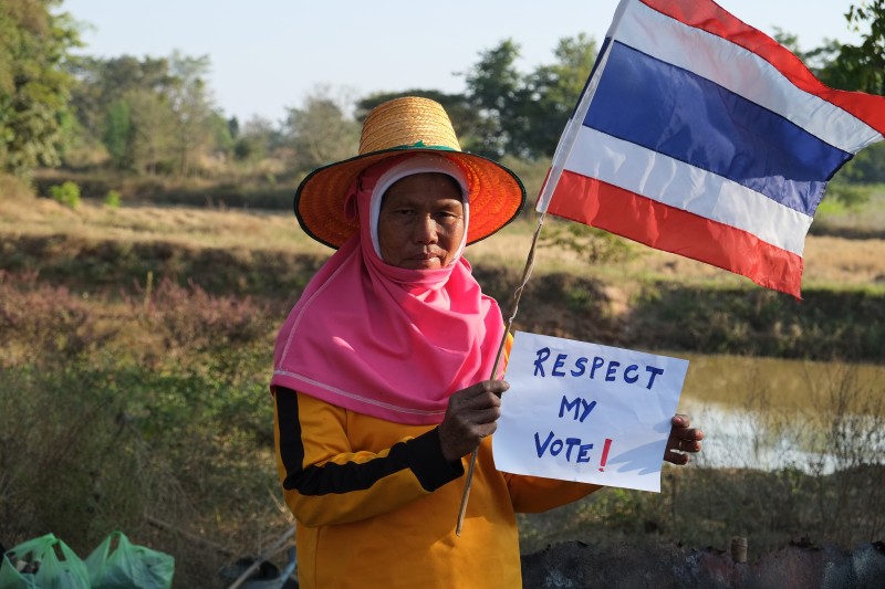 A Thai farmer holds a sign that reads 'Respect My Vote' as she poses with a Thai national flag. Photo by Matthew Richards, Copyright @Demotix (1/15/2014)