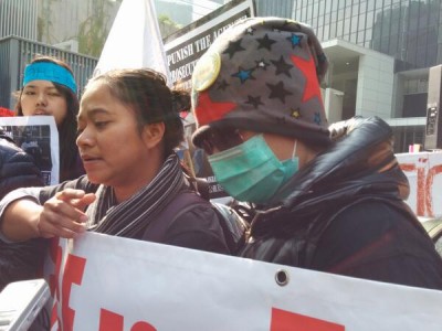 Foreign maid Susie revealed in the rally that she was also starve abused by the same employer between 2011 to 2012. Photo from Tom Grundy's Twitter.