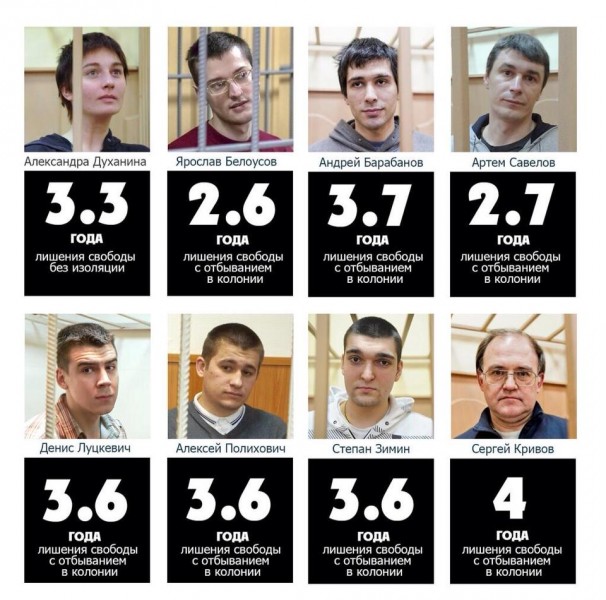 An image showing the Bolotnaya prisoners and their sentences. Anonymous image found online.