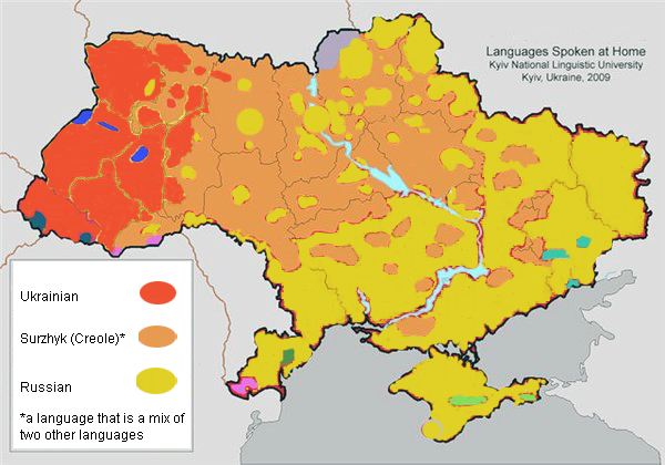 This language map by Kiev National Linguistic University shows the split between Russian speaking east and Ukrainian speaking west.