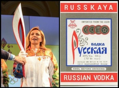 "Russian" brand vodka looks suspiciously like the Olympic torch. Anonymous image found online.