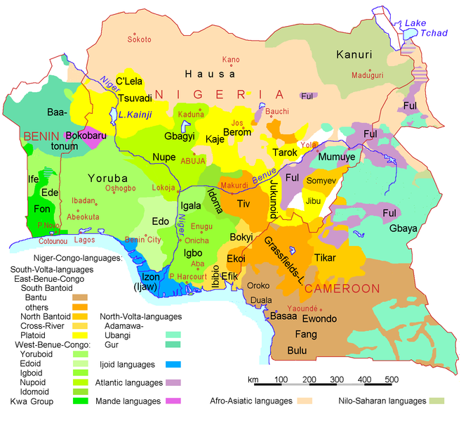 A Linguistic map of Nigeria, Cameroon, and Benin. [Image released to  Creative Commons]