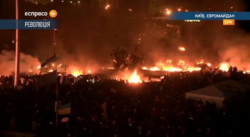 A screencap from Maidan Nezalezhnosti [Independance Square] in central Kyiv, Ukraine. Feb. 19, 2014