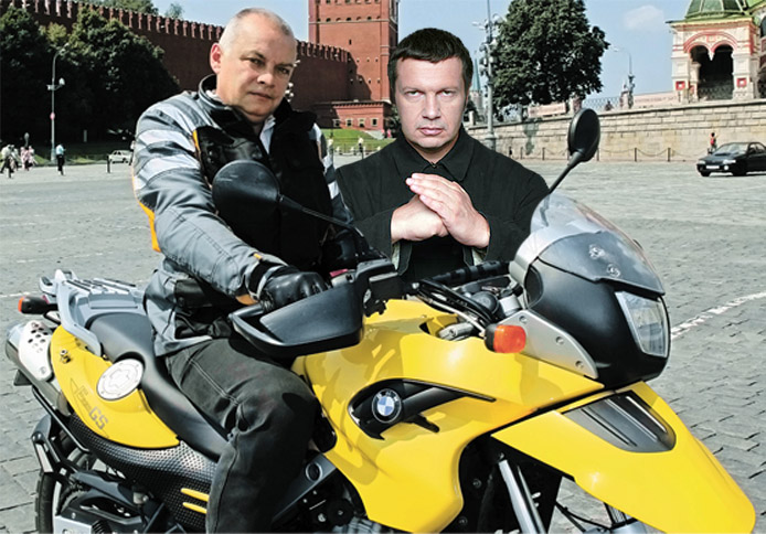 The bullies of the Russian media. Dmitri Kiselyov, left, and Vladimir Solovyov, right. Images mixed by Kevin Rothrock.