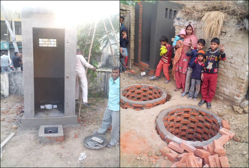 A dry toilet being converted into a twin pit pour flush system. Images courtesy UNICEF India