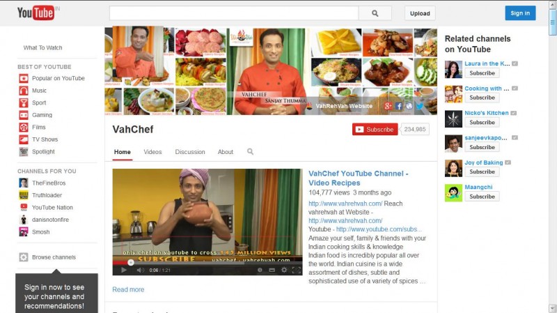 Capture d'écran de VahChef, la chaîne Youtube de Sanjay Thumma