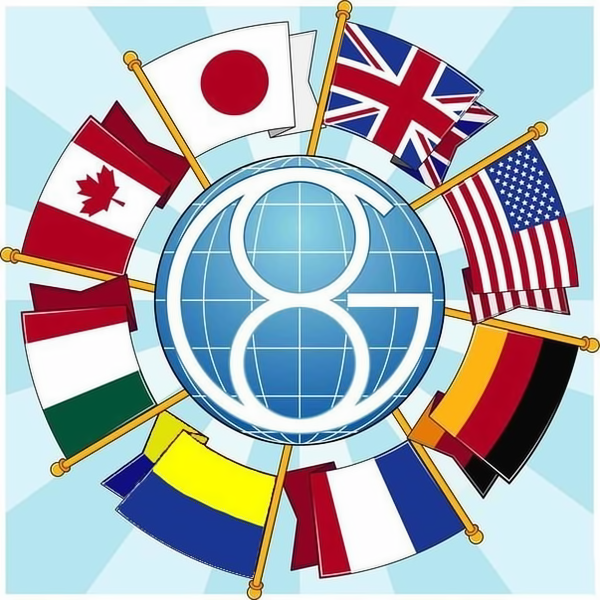 Logotipo do G8. A bandeira russa foi substituída pela ucraniana, no canto inferior esquerdo. Imagem anónima encontrada na Internet.