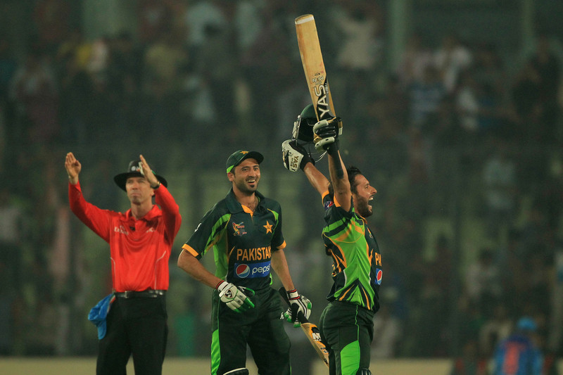 Shahid Afridi scored the winning runs in the Asia Cup Match against India at the Sher-e-Bangla National Cricket Stadium in Mirpur, Bangladesh. Image by Md. Manik. Copyright Demotix (2/3/2014)