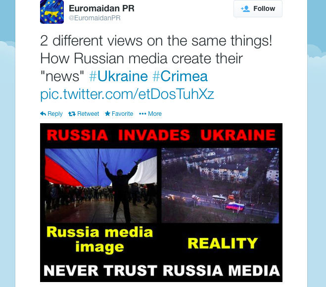 A composite image created by activists showing the same event in Crimea, Ukraine from two vantage points, to stress how different frames can be applied to show the scale of welcome for Russia in Crimea. Courtesy of Euromaidan PR on Twitter.