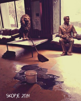 A collage by anonymous author spread via Facebook, combining photo of a dorm den with statues from Skopje 2014 project.