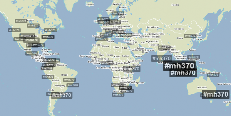 Trendsmap showing global Twitter discussion on MH370