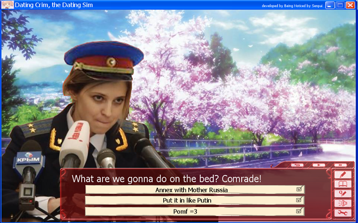 Here, Poklonskaya finds herself as a subject of a dating simulation.