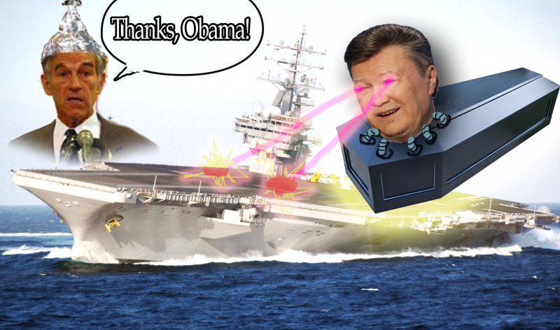 Dead Cyborg-Yanukovich attacks American aircraft carrier in the Black Sea. Images remixed by author.