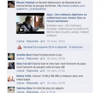 Screen shots of the facebook page Barakat L'escroquerie. One comment says : We need to kill this guy. He is the enemy of the people. 