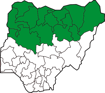Nigerijské státy, ve kterých působí Boko Haram. Obrázek publikován v rámci licence Creative Commons uživatelem Wikipedie s přezdívkou Bohr.
