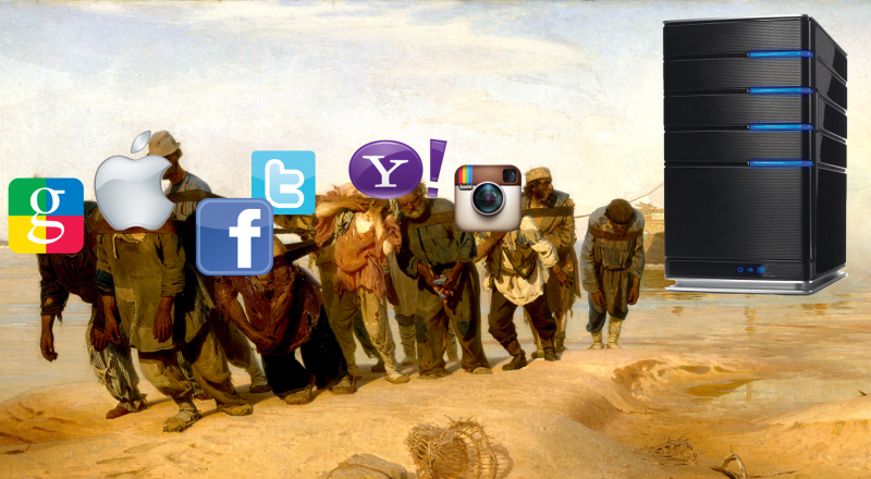 What it might look like when global social network and search giants have to haul their servers into Russia. Based on Ilya Repin's seminal "Volga Boatmen." Images remixed by Andrey Tselikov.
