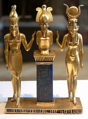 From right to left: Isis, her husband Osiris, and their son Horus on wikimedia CC- Share Alike 1.0 