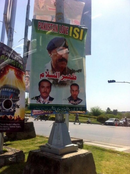 "Pakistan Love ISI" posters with a picture of the spy agencies chief line Constitution Avenue in Islamabad. Photo tweeted by former ambassador Husain Haqqani @husainhaqqani 