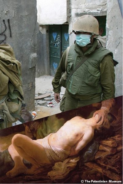 Abraham’s Sacrifice (c. 1635) Rembrandt Harmenszoon van Rijn photo: Israeli soldiers overwhelmed by the smell of dead bodies in Jenin refugee camp, West Bank. 16 Apr. 2002 by Alexandra Boulat