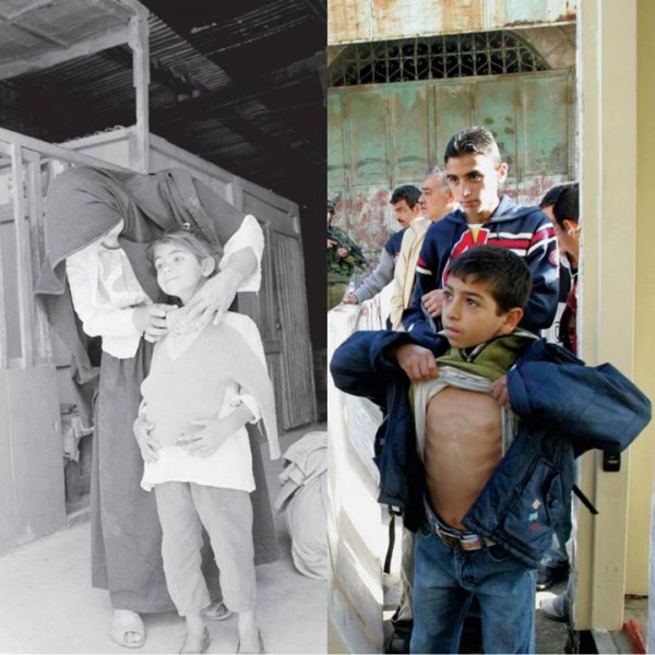 Clothes distribution in Rafah refugee camp, Gaza Strip 1972. Kay Brennan, UNRWA photo archive An Israeli soldier searches a Palestinian boy at a checkpoint in Hebron,  20 Nov. 2005, by Nayef Hashlamoun