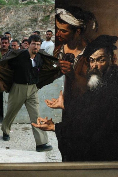 Ecce Homo (c. 1605), Michelangelo Merisi Caravaggio- “Ecce homo!“ John 19:5 Photo: Palestinians crossing Qalandiya checkpoint on their way to Jerusalem. 20 Apr. 2002, by Alexandra Boulat