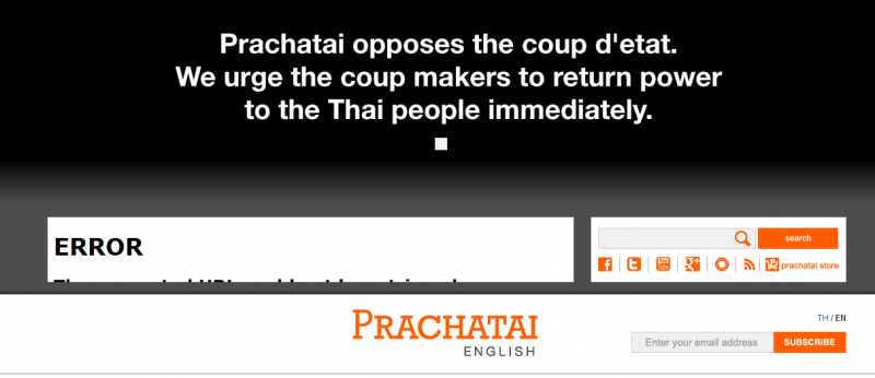 Prachatai, an independent media site, displays a banner opposing the coup
