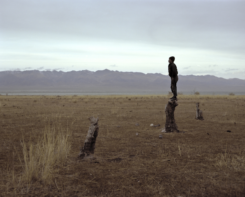 A shepherd boy watches a herd of cows as he stands on a tree stump near Lake Issyk Kul. Photo by Fyodor Savintsev / Salt Images, 2013.