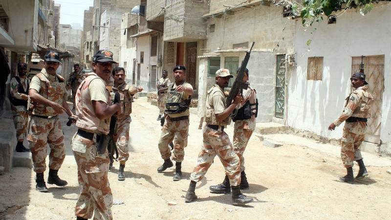 Security forces are conducting a search operation as they seal the whole area of Pehlwan Goth after an attack by unidentified persons on Airport Security Force (ASF) camp number 2. Image by ppiimages. Copyright Demotix (10/6/2014)