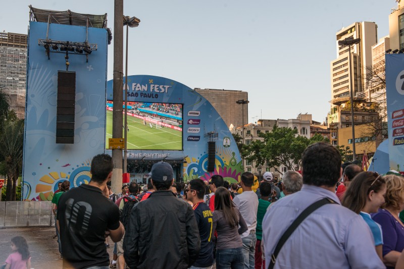 Fans watch group matches at FIFA Fan Fest in Sao Paulo on the second day of the 2014 FIFA World Cup. Photo by  Julia Reinhart. Copyright Demotix.