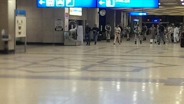 Photo tweeted by Twitter user @ahsannagi #KarachiAirport. Pic by a friend stuck there - M. Qasim. #Rangers can be seen. 