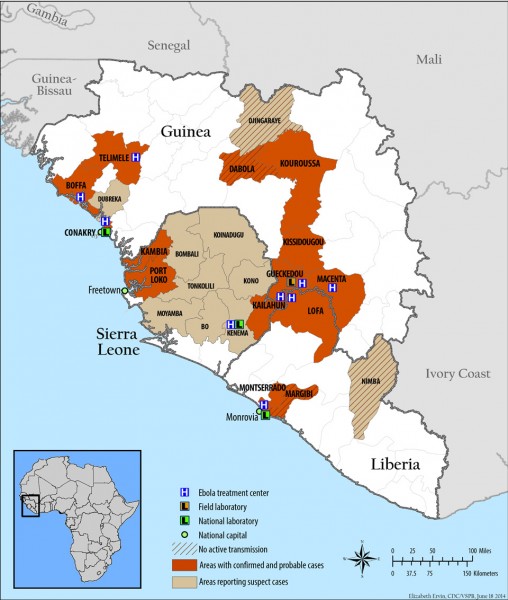 Ebola Hemorrhagic Fever Outbreak in Guinea, Liberia, and Sierra Leone as of June 18 2014 via CDC - Public Domain 