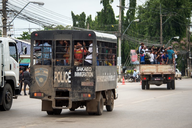 Cambodians are transported to the border from Aranyaprathet, Thailand, the last town before the border near Cambodia. Photo by Lee Craker, Copyright @Demotix (6/17/2014)