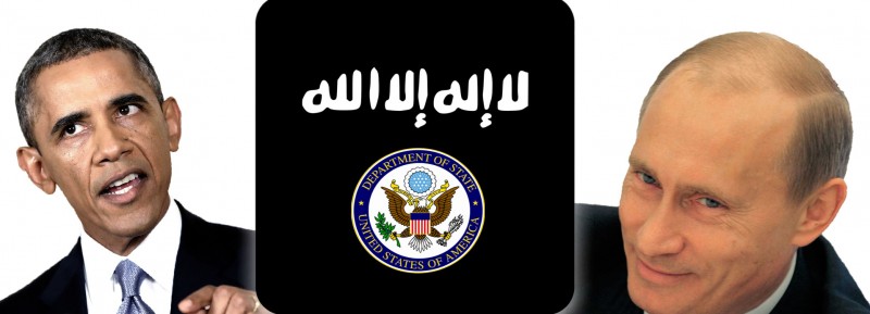 Obama and Putin beside the ISIS flag and US State Department seal. Images mixed by author.