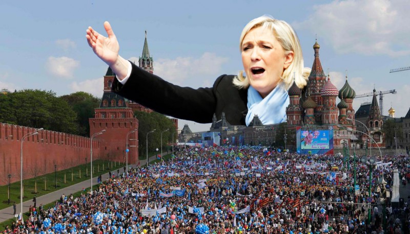 French politician Marine Le Pen has filled many Russians with the hope that they aren't alone in skepticism about the EU. Images mixed by Kevin Rothrock.