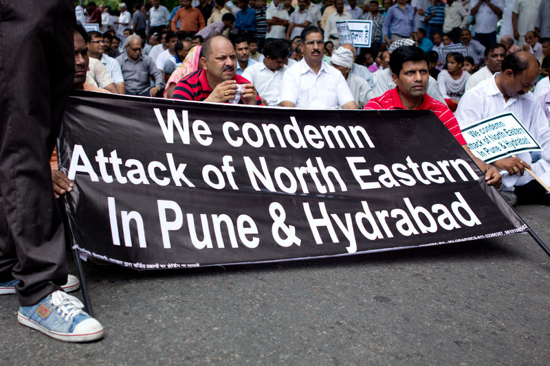 A protest in Delhi against attacks on North East Indians in several places of India.  Image by Rajesh Tandon. Copyright Demotix (18/8/2012)