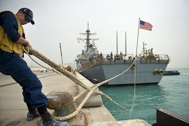 The guided-missile destroyer USS Arleigh Burke arrives for a port visit in Manama, Bahrain. From the Official US Navy Flickr page. CC-ND - 2.0 mAY 13, 2014