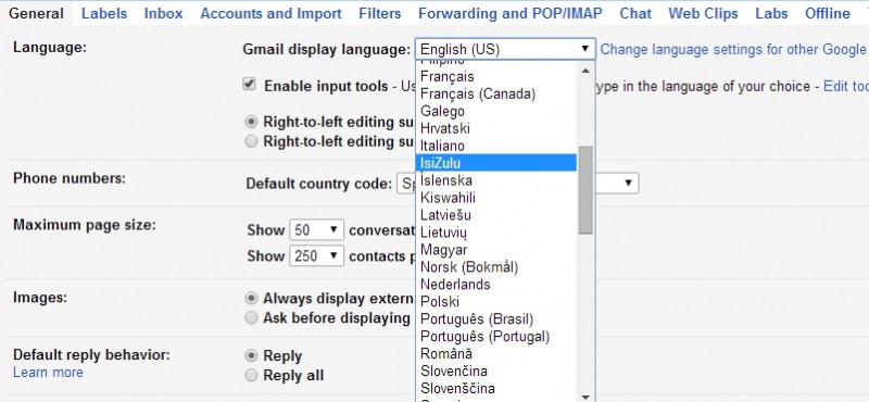 A screenshot of Gmail's language options.