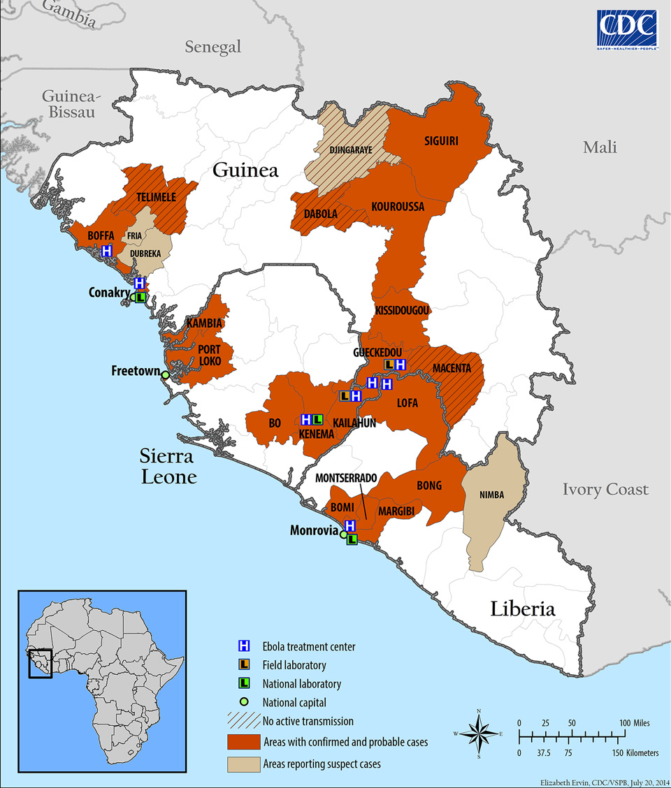 2014 West Africa Ebola outbreak Situation Map (Image released to public domain by CDC)