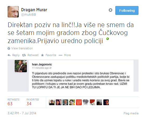A tweet from activist Dragan Murar includes a screenshot of Deputy Mayor Ivan Jegorović's threatening Facebook message.