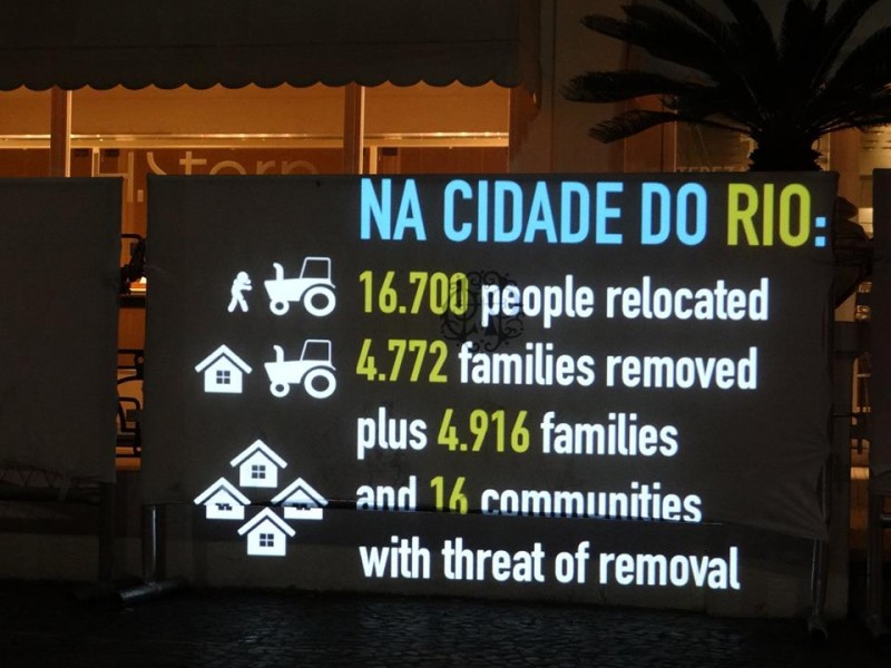 The collective projected on the wall some figures of Cup-related evictions in Rio de Janeiro.