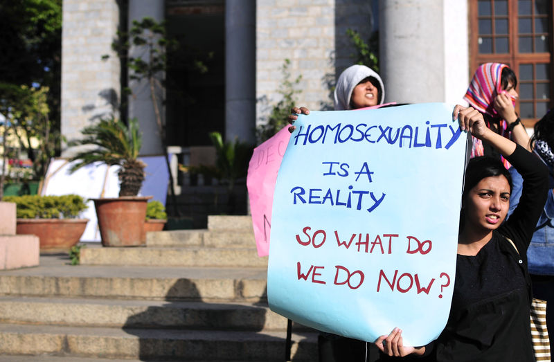 An Indian gay rights activist holds a placard denouncing a Supreme Court ruling criminalising gay sex in Bangalore, India. Image by Abhishek Chinnappa. Copyright Demotix (11/12/2013)