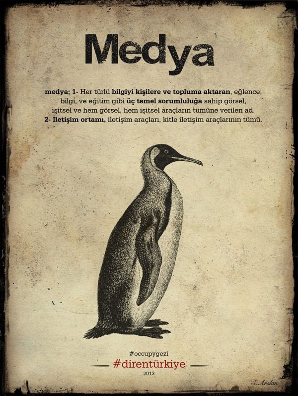 A depiction of Turkey's media as a penguin. Shared via a Gezi Park Pinterest account.
