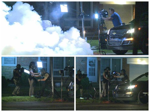 Photos tweeted by Missouri based journalist @CassFM "Police fire tear gas near Al Jazeera crew, then disassemble the gear after they flee. #Ferguson" 